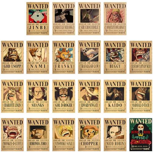 CBOSNF 22 Stück Anime Poster One Piece Heimdekoration,One Piece Wanted Poster,Luffy Poster Ace Vintage Poster Mural Decor Anime-Kunstdruck Poster für Schlafzimmer Dekoration Anime Wall Decor Posters von CBOSNF