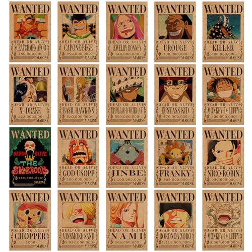 CBOSNF One-Piece Wanted Poster 20 Stück Anime Poster Wall Collage Kit Vintage Poster Kraftpapier Strohhut Piraten Poster Luffy Poster Mural Decor Anime Poster für Schlafzimmer Dekoration von CBOSNF