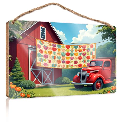Badezimmer-Dekor-Schild, Motiv: Eine lebendige Steppdecke hängt außerhalb einer roten Scheune, umgeben von üppigem Grün und einem alten LKW, Holzschild, Schilder für Heimdekoration, Schilder und Badezimmer-Dekor-Schild, Motiv: Eine lebendige Steppdecke hängt außerhalb einer roten Scheune, umgeben von üppigem Grün und einem alten LKW, Holzschild, Schilder für Heimdekoration, Schilder und von CBRT
