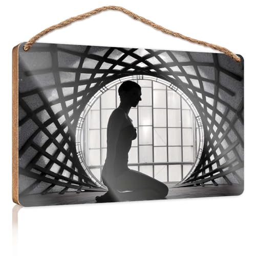 Badezimmer-Dekor-Schild, Silhouette einer Frau in einem futuristischen Tunnel, Holzschild, Schilder für Heimdekoration, Schilder und Plaketten (15 x 28 cm) von CBRT