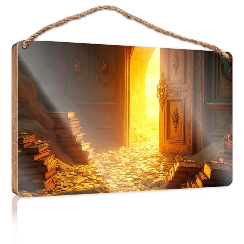 Badezimmer-Dekor-Schild, goldene Bücher und Münzen führen zu einer hellen Tür, Holzschild, Schilder für Heimdekoration, Schilder und Tafeln (20 x 30 cm) von CBRT
