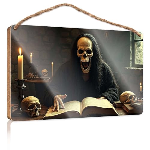 Badezimmer-Dekor-Schild "A Skeletal Figure Reads An Ancient Book" By Candlelight Holzschild Schilder für Heimdekoration, Schilder und Tafeln (20 x 30 cm) von CBRT