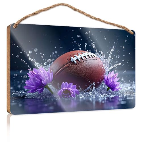 Badezimmer-Dekor-Schild American Football mit Wasserspritzern und violetten Blumen, Holzschild für Heimdekoration, Schilder und Plaketten (15 x 28 cm) von CBRT