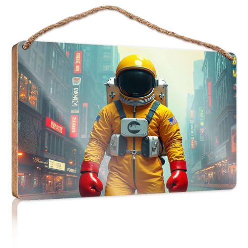 Badezimmer-Dekor-Schild Astronaut im futuristischen Stadtbild, Holzschild für Heimdekoration, Schilder und Tafeln (15 x 28 cm) von CBRT