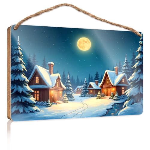 Badezimmer-Dekor-Schild "Snowy Village Under A Full Moon", Holzschild für Heimdekoration, Schilder und Plaketten (15 x 28 cm) von CBRT