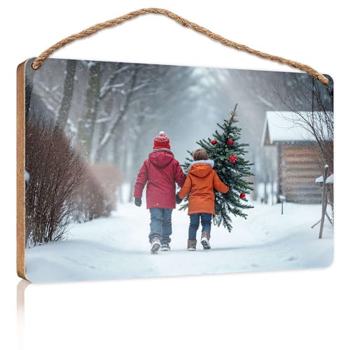 Badezimmer-Dekoschild mit Aufschrift "Two Children Carry A Christmas Tree In The Snow", Holzschild für Heimdekoration, Schilder und Plaketten (15 x 28 cm) von CBRT