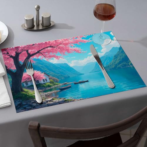 Blaue Platzsets, Kirschblüten am See mit Booten, Esstischsets, Oster-Tischsets (6 Stück) von CBRT