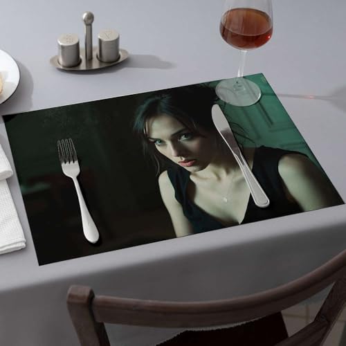 Blaue Platzsets "A Woman in a Black Dress with A Necklace" Speisetischsets, Oster-Tischsets (4 Stück) von CBRT