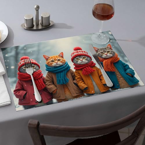 Blaue Platzsets mit vier Katzen in Wintermänteln, Esstischsets, Oster-Tischsets, Oster-Tischsets (6 Stück) von CBRT