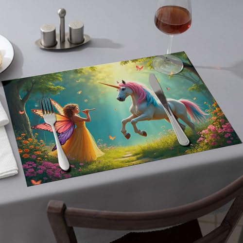 Blaue Tischsets, Motiv: Eine Fee spielt die Flöte zu einem Einhorn in einem magischen Wald, Esstischsets, Oster-Tischsets (1 Stück) von CBRT