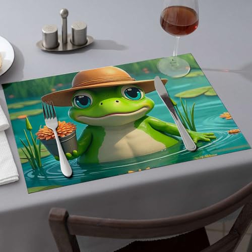 Blaue Tischsets, ein Frosch mit einer orangefarbenen Blume in einem Teich, Esstischsets, Oster-Tischsets (4 Stück) von CBRT