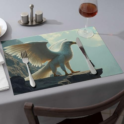 Blaue Tischsets, ein riesiger weißer Vogel steht auf einer Klippe mit Blick auf eine Person, Esstischsets, Oster-Tischsets (6 Stück) von CBRT