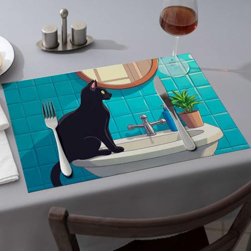 Blaue Tischsets, eine schwarze Katze sitzt auf einem Waschbecken, blickt in einen Spiegel, Esstischsets, Oster-Tischsets (4 Stück) von CBRT