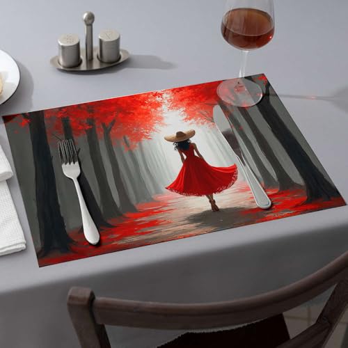 Blaue Tischsets "A Woman in a Red Dress Walks Through an Autumn Wald", Esstischsets, Oster-Tischsets (6 Stück) von CBRT