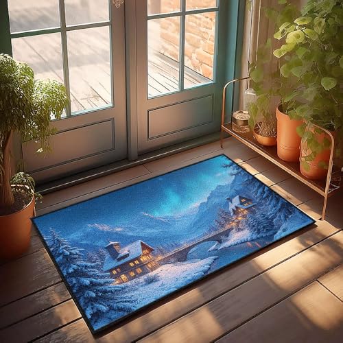 CBRT Einzigartige Fußmatte für den Innenbereich, schneebedecktes Bergdorf mit Aurora Borealis, Herbst-Fußmatte, für den Außenbereich, Herrenzimmer-Dekoration (50 x 80 cm) von CBRT