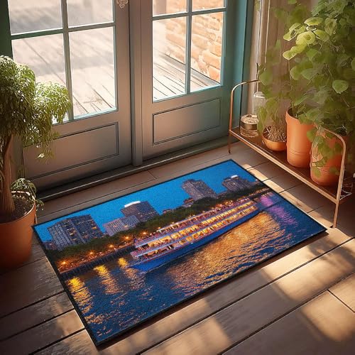 CBRT Einzigartige Fußmatten für den Eingangsbereich, ein hell beleuchtetes Boot segelt auf einem Fluss bei Dämmerung, reflektiert bunte Lichter im Wasser, Fußmatte, Herbst-Fußmatte CBRT Einzigartige Fußmatten für den Eingangsbereich, ein hell beleuchtetes Boot segelt auf einem Fluss bei Dämmerung, reflektiert bunte Lichter im Wasser, Fußmatte, Herbst-Fußmatte von CBRT