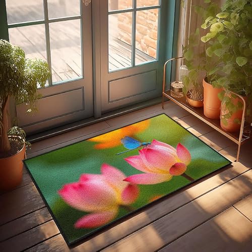 CBRT Einzigartige Fußmatten für den Eingangsbereich, eine blaue Libelle auf einer rosa Lotusblüte, Fußmatte, Herbst-Fußmatte, für den Außenbereich, Herrenzimmer-Dekor (65 x 90 cm) von CBRT