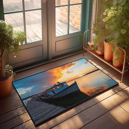 CBRT Einzigartige Fußmatten für den Innenbereich, Boot, bei Sonnenuntergang angedockt mit leuchtendem Himmel, Fußmatte, für den Außenbereich, Herrenzimmer-Dekoration (65 x 90 cm) von CBRT