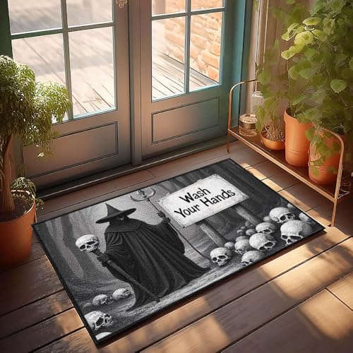 CBRT Einzigartige Fußmatten für den Innenbereich, Hexe mit Totenköpfen und Schild, Aufschrift "Wash Your Hands", Fußmatte, Herbst-Fußmatte, Outdoor-Herrenzimmer-Dekoration (50 x 80 cm) von CBRT