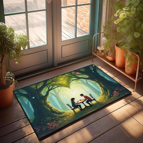 CBRT Einzigartige Fußmatten für den Innenbereich, zwei Personen sitzen an einem Tisch in einem magischen Wald, Fußmatte, Herbst-Fußmatte, Outdoor-Herrenzimmer-Dekoration (40 x 60 cm) von CBRT