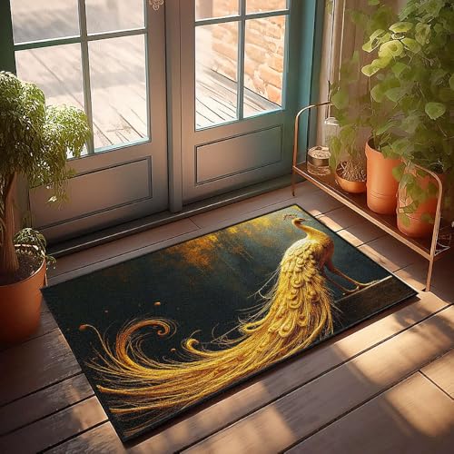 CBRT Fußmatte, lustiger goldener Pfau mit fließenden Schwanzfedern, Fußmatte, für den Außenbereich, Fußmatte, Matte für Schuhe bei Tür (40 x 60 cm) von CBRT