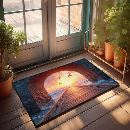 CBRT Fußmatte für Herren, Motiv: Sonnenuntergang über dem Meer, Holz, Pier, Vögel, fliegende Fußmatte, Sommer, Haustürmatte, Bauernhaus, Badematte (40 x 60 cm) von CBRT