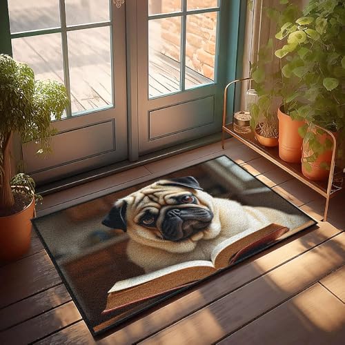 CBRT Fußmatte für Jungenzimmer, Teenager, Mops, liest ein offenes Buch, lustige Badezimmerdekoration, Winter-Fußmatte, Outdoor (65 x 90 cm) von CBRT