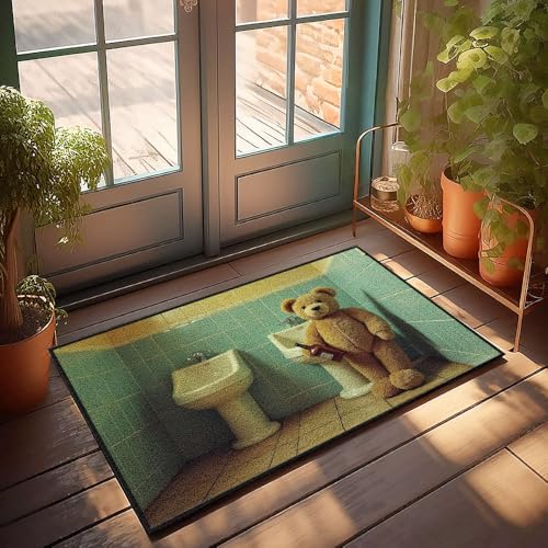 CBRT Fußmatte für Zuhause, Bar, Motiv: Teddybär hält eine Flasche steht zwischen zwei Waschbecken, Herbstteppich, Bauernhaus-Fußmatten, für den Außenbereich (65 x 90 cm) von CBRT