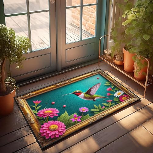 CBRT Fußmatte für den Außenbereich, Motiv: Kolibri sitzt auf leuchtend rosa Blumen in einem kunstvollen Rahmen, Fußmatte für drinnen und draußen, 65 x 90 cm CBRT Fußmatte für den Außenbereich, Motiv: Kolibri sitzt auf leuchtend rosa Blumen in einem kunstvollen Rahmen, Fußmatte für drinnen und draußen, 65 x 90 cm von CBRT