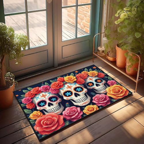 CBRT Fußmatte für den Außenbereich, Motiv: bunte Totenköpfe, verziert mit lebendigen Rosen, saugfähige Fußmatte für den Innen- und Außenbereich, 65 x 90 cm von CBRT