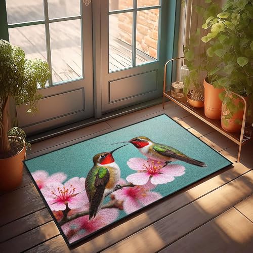 CBRT Fußmatte für den Außenbereich, lustig, zwei Kolibris, Sitzstange auf Blüten, Fußmatte, Outdoor, Bar, Zubehör, Dekoration, Jungenzimmer-Dekoration (65 x 90 cm) von CBRT