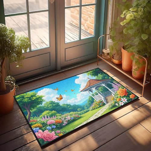 CBRT Fußmatte für den Außenbereich, malerischer Garten mit Pavillon, lebendigen Blumen und flatternden Schmetterlingen, Fußmatte für drinnen und draußen, 65 x 90 cm von CBRT