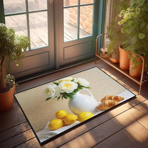 CBRT Fußmatte für den Eingangsbereich, weiße Pfingstrosen, Zitronen und Croissants auf einem Tisch, große Fußmatte für den Innenbereich, Badezimmerteppich-Sets (50 x 80 cm) von CBRT