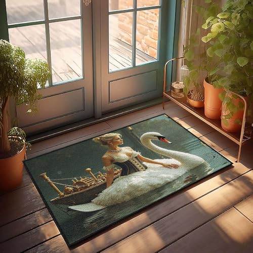 CBRT Fußmatte für den Innenbereich, eine Frau in einem Schwanenkleid sitzt neben einem Steampunk-Boot auf einem ruhigen See, Fußmatte, Jugendzimmer-Dekor-Fußmatten mit Sprüchen (65 x 90 cm) von CBRT
