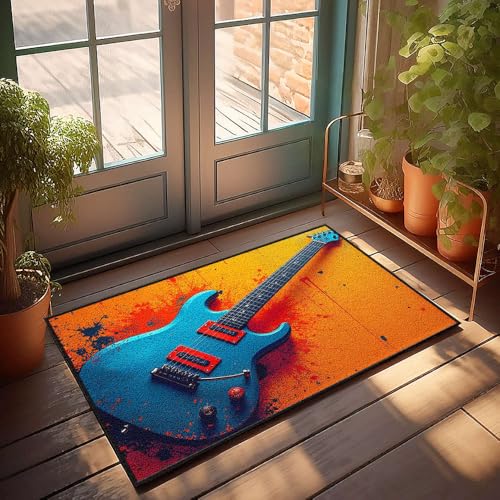 CBRT Fußmatte für den Innenbereich, eine lebendige blaue E-Gitarre vor einem orangefarbenen und roten Spritzer-Hintergrund, Fußmatte, Jugendzimmer-Dekor, Fußmatten mit Sprüchen (65 x 90 cm) von CBRT