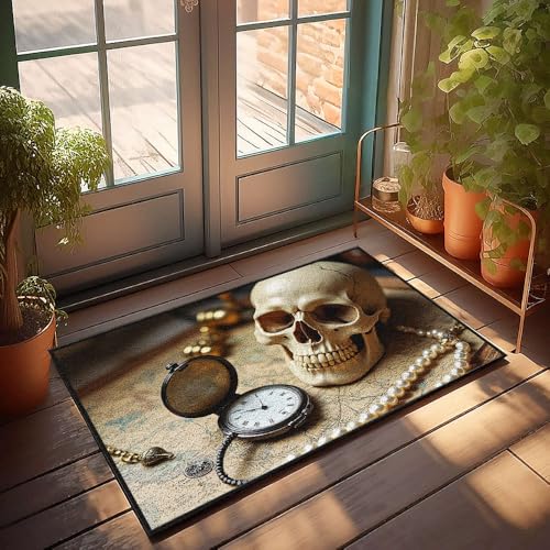 CBRT Fußmatte für den Sommer, Totenkopf, Taschenuhr, Perlen, Karte, Hintergrund, Fußmatte, Fußmatte, für den Außenbereich (65 x 90 cm) von CBRT
