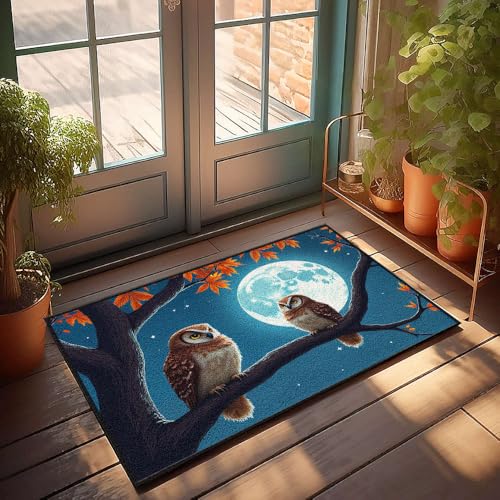 CBRT Fußmatte für die Haustür, 2 Eulen sitzend unter einem Vollmondfuß, Herbst-Fußmatte, Outdoor-Herrenzimmer-Dekoration (50 x 80 cm) von CBRT