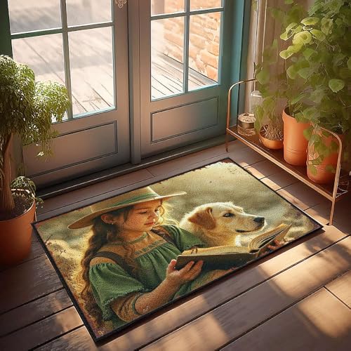 CBRT Fußmatte für die Haustür, Aufschrift "A Girl in a Hut, Reads To Her Dog", Herbst-Fußmatte, Outdoor-Herrenzimmer-Dekoration (65 x 90 cm) von CBRT