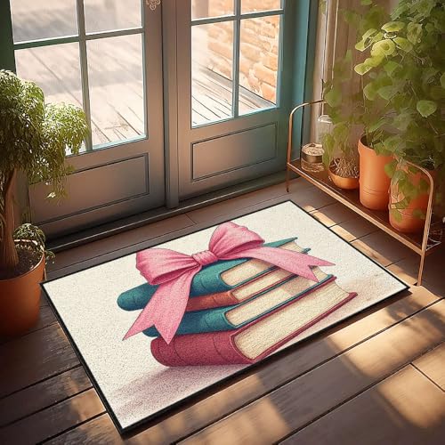 CBRT Fußmatte für die Haustür, Buchstapel, gebunden mit einem rosa Band, Fußmatte, Herbst-Bodenmatte, Outdoor-Herrenzimmer-Dekoration (40 x 60 cm) von CBRT