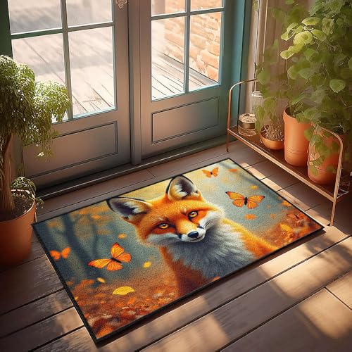 CBRT Fußmatte für die Haustür, Motiv: Fuchs, umgeben von orangefarbenen Schmetterlingen in einem Herbstwald, Fußmatte, für den Außenbereich, Herrenzimmer-Dekoration (40 x 60 cm) von CBRT