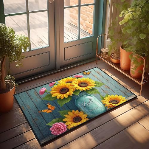 CBRT Fußmatte für die Haustür, Sonnenblumen in einem blauen Glas mit Schmetterlingen, Fußmatte, Herbst-Fußmatte, für den Außenbereich, Herrenzimmer-Dekoration (50 x 80 cm) von CBRT