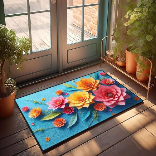 CBRT Fußmatte für die Haustür, bunte Papierblumen auf blauem Hintergrund, Fußmatte, Herbst-Fußmatte, Outdoor-Herrenzimmer-Dekoration (40 x 60 cm) von CBRT