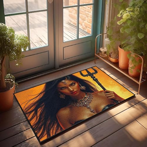 CBRT Fußmatte für die Haustür, eine Frau mit langen dunklen Haaren, hält einen Dreizack vor orangefarbenem Hintergrund, Fußmatte, Herbst-Fußmatte, Outdoor-Herrenzimmer-Dekoration (50 x 80 cm) von CBRT