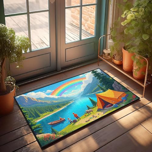 CBRT Fußmatte mit lustigem Text, Motiv: Camping am See mit einem Regenbogen im Himmel, Fußmatte, Badezimmerteppich, lustige Outdoor-Dekoration (50 x 80 cm) von CBRT