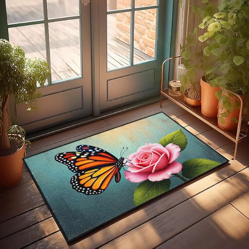CBRT Fußmatte mit lustigem Text, Motiv: Schmetterling auf einer leuchtend rosa Rose, Fußmatte, Badezimmerteppich-Set, lustige Outdoor-Dekoration (50 x 80 cm) von CBRT