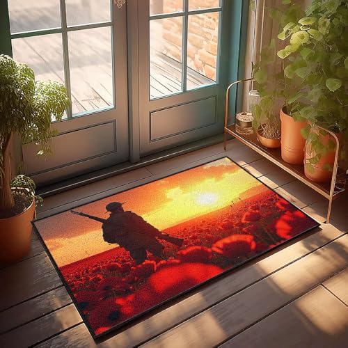 CBRT Fußmatte mit lustigem Text, Motiv: Soldat stehend im Mohnfeld bei Sonnenuntergang, Fußmatte, Badezimmerteppich, lustige Outdoor-Dekoration (50 x 80 cm) von CBRT