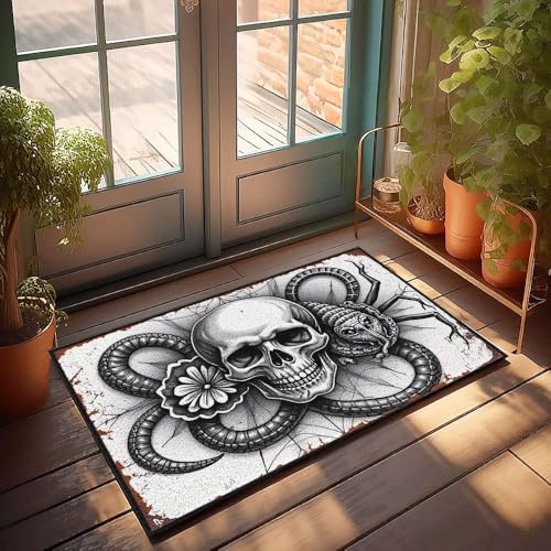 CBRT Fußmatte mit lustigem Totenkopf mit Schlangen und Blumen-Illustration, für den Außenbereich, Fußmatte, Matte für Schuhe bei Tür (65 x 90 cm) von CBRT