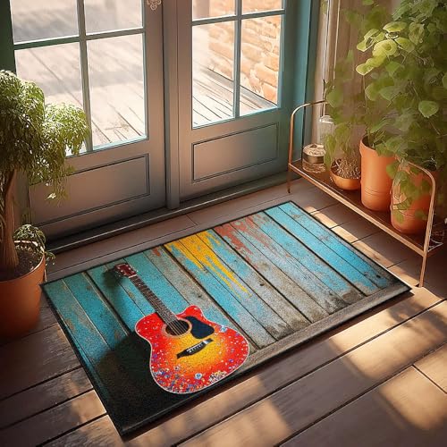 CBRT Fußmatte mit lustiger Aufschrift "Eine bunte Gitarre" lehnt sich an eine rustikale Fußmatte, Veranda-Dekor, Fußmatten, für den Außenbereich, lustig (40 x 60 cm) von CBRT