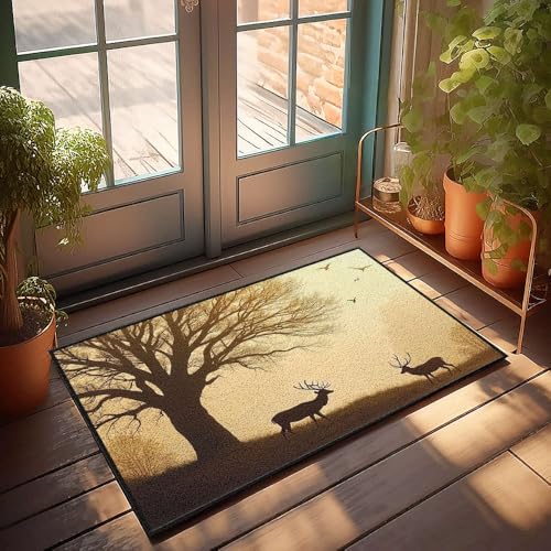 CBRT Große Fußmatte für den Innenbereich, Hirsch unter einem Baum mit Vögeln, die im Himmel fliegen, Fußmatte, Veranda, Herbstdekoration, allein zu Hause (40 x 60 cm) von CBRT