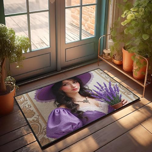 CBRT Home Bar Decor Fußmatte "A Woman In A Purple Dress Holding Lavender Flowers", Herbstteppich, Bauernhaus, Fußmatten, Outdoor (65 x 90 cm) von CBRT